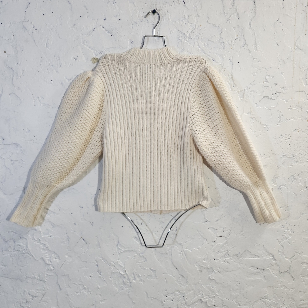 TSE Wool Cashmere Blend Button Dowm Ivory White Balloon Sleeve Knit Sweater - Picture 5 of 12